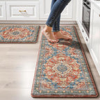 Boho Kitchen Mats for Floor 2 Piece Set Anti Fatigue Cushioned PVC Kitchen Rugs Non Slip Waterproof Farmhouse Mats 2/5 Inch Comfort Standing Mat for Sink, Laundry, 17.3"x59"+17.3"x28", Retro Red