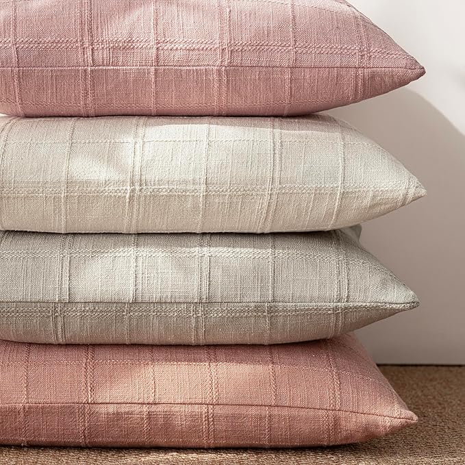 Foindtower Set of 2 Decorative Linen Check Throw Pillow Covers Neutral Farmhouse Vintage Cushion Covers Cozy Modern Boho Accent Home Decor for Sofa Chair Couch Bed Living Room,14×36 Inch,Coral Pink