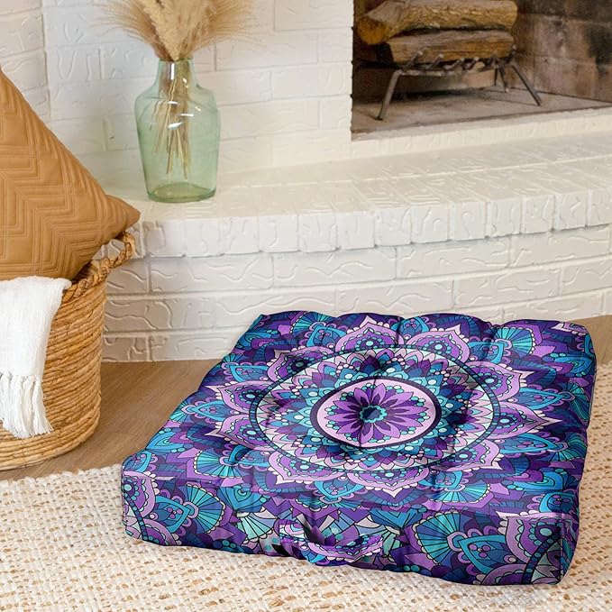 Mandala Meditation Cushion, Boho Meditation Mat, Meditation Pillows for Sitting on Floor, Cushions for Sitting in Home and Outdoor, Square Floor Pillow Cushion Seating for Yoga Accessories 22'' X 22''