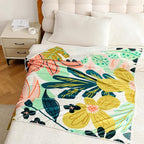 Boho Floral Flannel Fleece Throw Blanket – Soft, Warm & Lightweight Fuzzy Blanket for Couch, Bed, or Sofa Decor, Cute Botanical Design for Men Women & Girls, 50''x60'', Pink Green