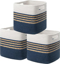 UBBCARE Set of 3 Storage Cubes 13 X 13 X 13 in, Water Hyacinth Storage Bins for Shelves, Toys, Book, Storage Baskets with Handles, Cotton Rope Woven Baskets for Organizing, Blue