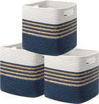 UBBCARE Set of 3 Storage Cubes 13 X 13 X 13 in, Water Hyacinth Storage Bins for Shelves, Toys, Book, Storage Baskets with Handles, Cotton Rope Woven Baskets for Organizing, Blue