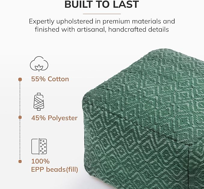 Anji Mountain Pouf Ottoman Foot Rest, Handmade Ottoman Pouf, Comfortable Foot Stool, Decorative Floor Seating for Living Room Decor, Bedroom & Home Décor Accent - Sage