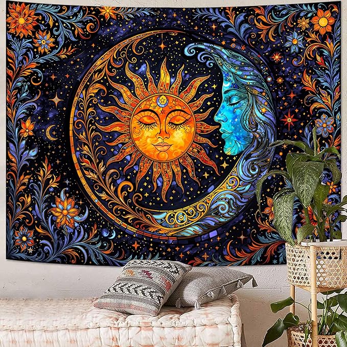 Spenlife Celestial Sun and Moon Tapestry Cosmic Tapestry for Bedroom Astral Tapestries Wall Hanging Bedroom Living Room Wall Art and Home Decor 44x60 Blue