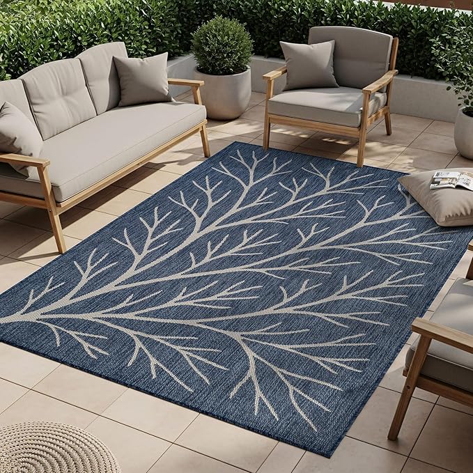 Washable Indoor Outdoor Rug 9x12 Modern Area Rugs Branch Pattern Non Shedding Waterproof Easy Clean Patio Deck Porch Living Room Bedroom Garden RV (9 X 12 Blue)