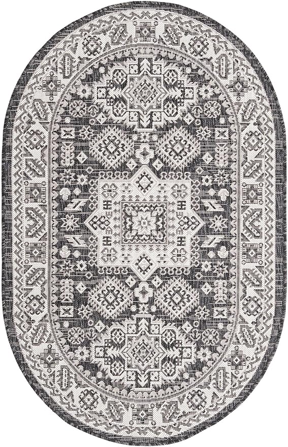 Rugs.com Outdoor Aztec Collection Rug – 3' x 5' Oval Charcoal Gray Flatweave Rug Perfect for Living Rooms, Large Dining Rooms, Open Floorplans
