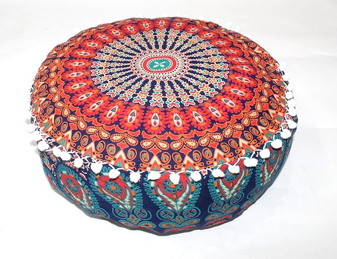 INDIAN CRAFT CASTLE ICC Mandala Barmeri Large Floor Pillow Cover Cushion Meditation Seating Ottoman Throw Cover Hippie Decorative Zipped Bohemian Pouf Ottoman Cases Orange Peacock 24" Round