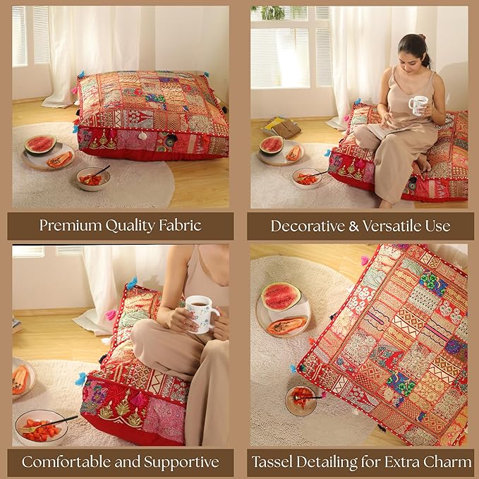 THE ART BOX Cotton Patchwork Vintage Boho Embroidered Floor Pillows & Cushion Cover Dog Pouf Seating Pouf Meditation Pillow Pet Bedding Cat Bed Boho Home Décor (35x35 Inches, Cover Only)