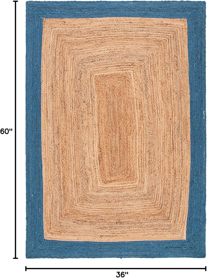 SAFAVIEH Natural Fiber Collection Accent Rug - 3' x 5', Natural & Blue, Handmade Flat Weave Boho Farmhouse Rustic Border Jute, Ideal for High Traffic Areas in Entryway, Living Room, Bedroom (NFB852M)