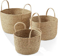 Casafield Set of 3 Braided Seagrass Baskets with Jute Handles - Natural, Woven Storage Basket Planters, Boho Decor for Entryway, Living Room, Bedroom