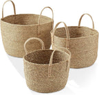 Casafield Set of 3 Braided Seagrass Baskets with Jute Handles - Natural, Woven Storage Basket Planters, Boho Decor for Entryway, Living Room, Bedroom