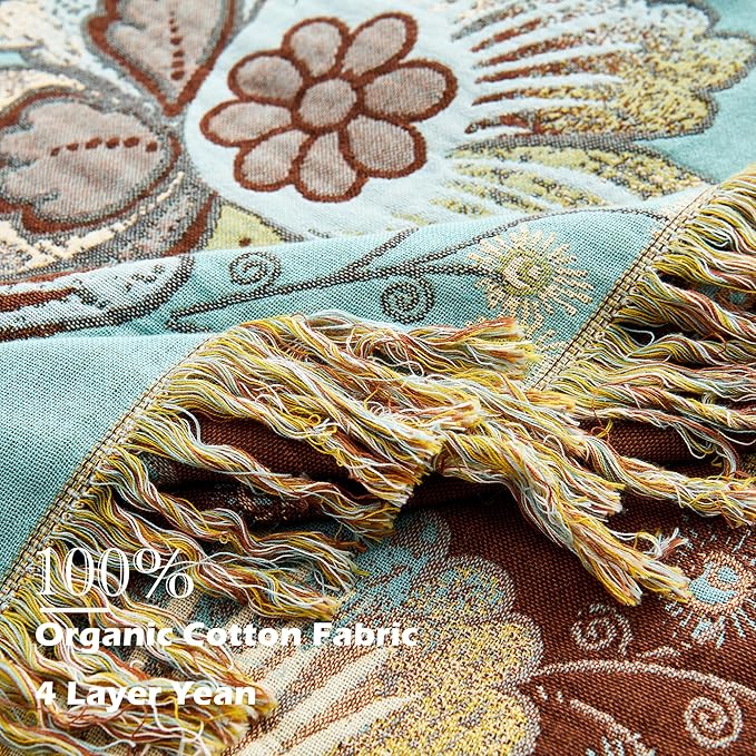 Boho Throw Blanket 60" x 80", 100% Organic Cotton Breathable Skin-Friendly Ultra Soft Bed Quilt Blue Throw - Floral Rustic Decor Luxury Reversible Blanket for Sofa Couch Chair and Gift,