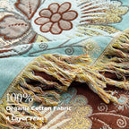 King Boho Throw Blanket 91" x 98", 100% Organic Cotton Breathable Skin-Friendly Ultra Soft Bed Quilt Blue Throw - Floral Rustic Decor Luxury Reversible Blanket for Sofa Couch Chair and Gift