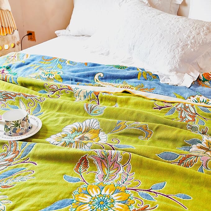 Boho Throw Blanket 60" x 80", 100% Organic Cotton Breathable Ultra Soft Bed Quilt Throw - All Season Luxury Floral Farmhouse Decor Blanket for Sofa Couch Chair and Gift. Green/Blue