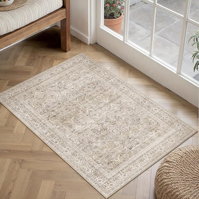 HUGEAR 2x3 Entryway Area Rug Vintage Beige Small Rug Machine Washable Door Mat Retro Floral Low Pile Carpet Vacuumable Distressed Throw Rug Entrance Kitchen Bathroom Bedroom Non Slip Lightweight