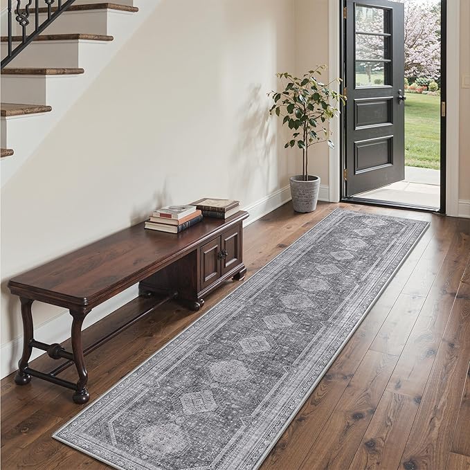 GENIMO Runner Rug 2x10 Non Slip Machine Washable Hallway Runner Rug, Low Pile Lightweight Rugs for Entryway, Hallway, Kitchen and Corridor, Vintage Grey