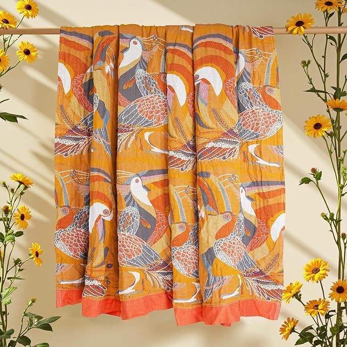 Boho Large Throw Blanket, 100% Organic Cotton Breathable Soft Bed Throw - Floral Bird Farmhouse Decor Blanket for Sofa Couch Chair Quilt and Gift. 91" x 98"- Colorful