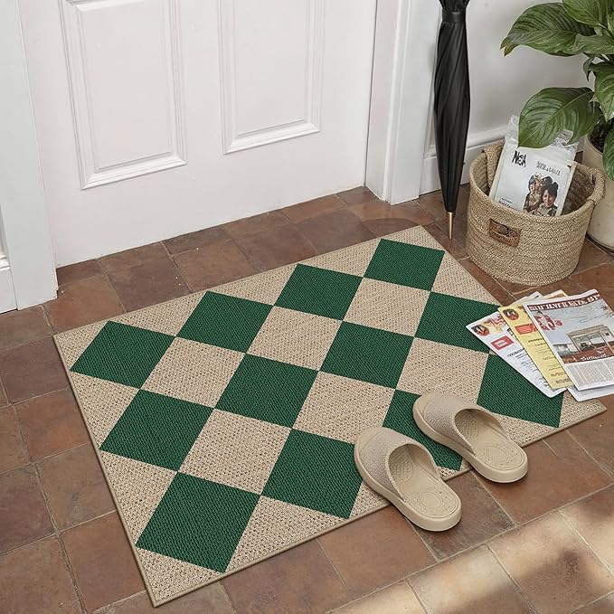 2x3 Checkered Easy Jute Kitchen Front Doormat Non Slip Washable Neutral Area Rug Diamond Non Shedding Low Pile Green Checkerboard Floor Carpet for Farmhouse Entryway Porch Doorway