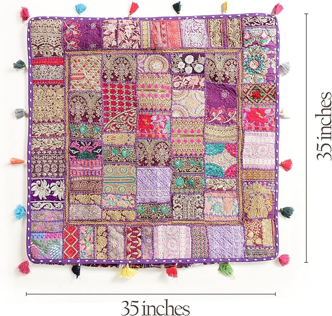 THE ART BOX Cotton Patchwork Vintage Boho Embroidered Floor Pillows & Cushion Cover Dog Pouf Seating Pouf Meditation Pillow Pet Bedding Cat Bed Boho Home Décor (35x35 Inches, Cover Only)