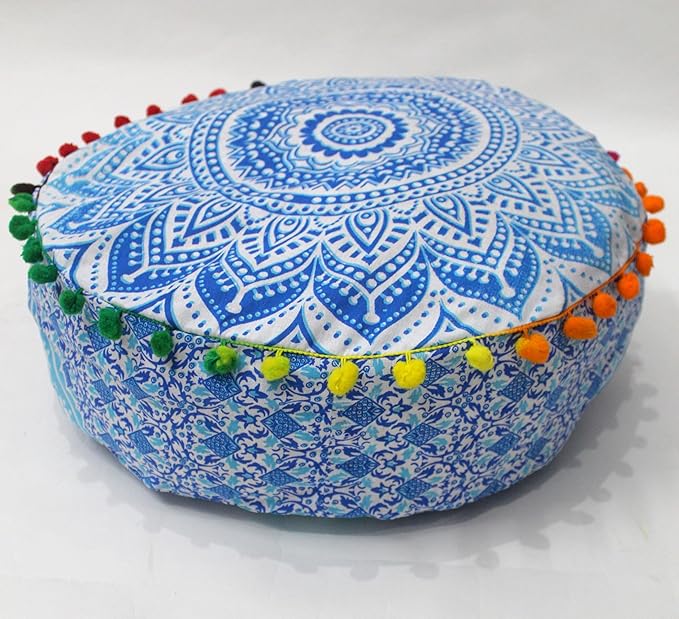 CRAFT KALA 16" Round Large Hippie Mandala Meditation Floor Ottoman Pillow Cushion Pouf Cover Square Poufs Bohemian Circle Floor Cushion Case Outdoor Fireplace Yoga Living Room Decor Cover Blue Ombre