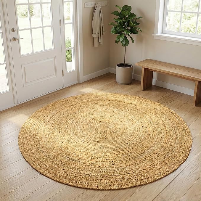 Jute Area Rug 5' Round Natural Jute Rug with Non-Slip Backing, Low-Profile Farmhouse Rug for Living Room, Bedroom or Entry, Eco-Friendly Boho Decor, Non-Shed for High-Traffic Door Mat