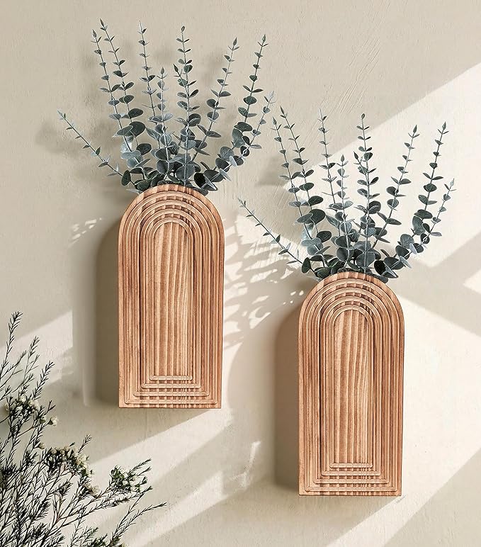 DREAMLOOM 2 Pack Wooden Wall Vases with Eucalyptus Artificial Plants, Wall Hanging Planters Boho Modern Farmhouse Indoor for Narrow Spaces Entryway Bathroom Home Office Decoration, Brown