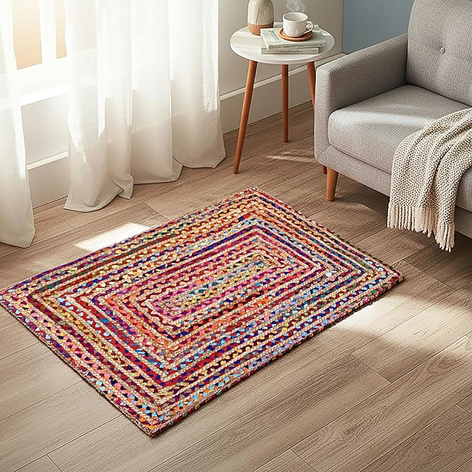 Jute Cotton Braided Rug, Multi Color - 2x3 Feet, Accent Reversible Hand Woven Doormat for Entryway, Kitchen, Living Room | Boho Rustic Floor Mat for Outdoor & Indoor Use - 24x36 Inches