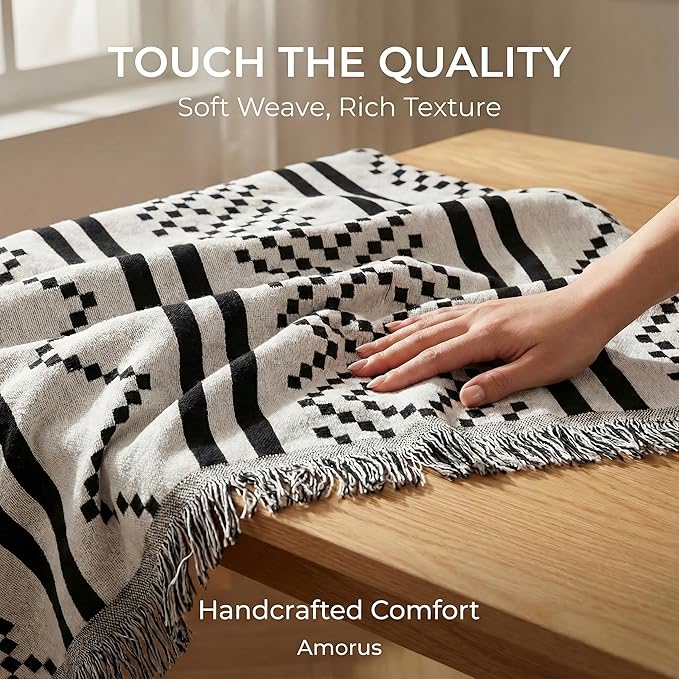 amorus Bohemian Throw Blankets,Throw Blanket Chenille Jacquard Tassels Soft Throws Cover for Couch, Bed,Outdoor Camping Picnic Car Travel Warm & Cozy for Seasons, Pattern II(63"*71")