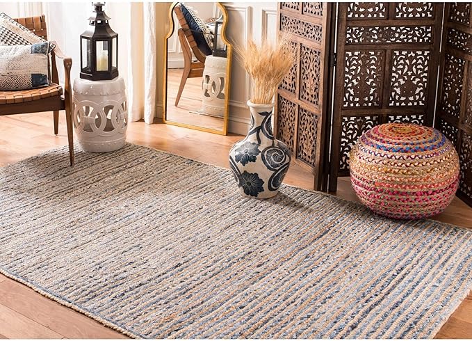 SAFAVIEH Cape Cod Collection Area Rug - 9' x 12' Oval, Natural & Blue, Handmade Flat Weave Jute, Ideal for High Traffic Areas in Living Room, Bedroom (CAP250A)