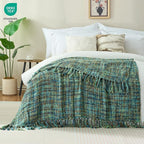 Multi-Color Green Cable Woven Throw Blanket for Couch,50"X60" Boho Style Textured Blankets for Home Decor,Super Soft Warm Cozy Chunky Blanket with Decorative Tassels for Bed and Sofa