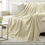 Chenille Throw Blanket for Couch 50"X 60", Soft Cozy Throws with Fringe Tassel for Bed Sofa Chair Cover, Lightweight Knitted Decorative Boho Blankets for Living Room, Light Beige