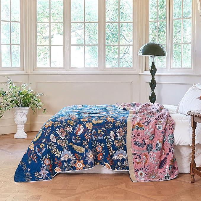 Boho Throw Blanket for Bed Cotton Spring Blankets Bedroom Living Room Twin All Season Lightweight Floral Embroidery Quilt for Couch Sofa Chair 60"x80"