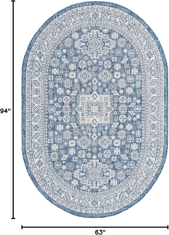 Rugs.com Outdoor Aztec Collection Rug – 5' x 8' Oval Blue Flatweave Rug Perfect for Living Rooms, Large Dining Rooms, Open Floorplans