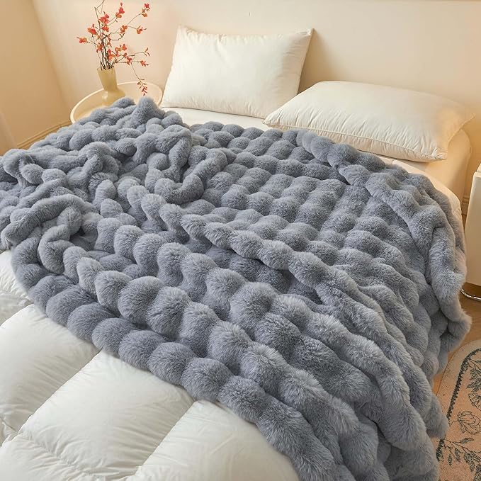 LIFEREVO Luxury Fluffy Faux Rabbit Fur Blanket, Plush Fuzzy Bubble Waffle Throw for Couch Sofa, Cozy Comfy Furry Bed Blanket Home Decoration, Shaggy Throw for Bedroom Living Room, 60x90, Light Grey