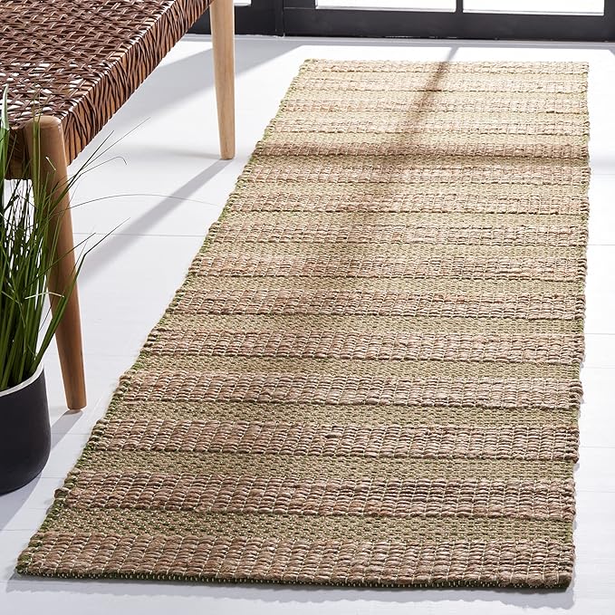 SAFAVIEH Natural Fiber Collection Runner Rug - 2'3" x 8', Green & Natural, Handmade Boho Farmhouse Rustic Jute & Cotton Jute, Ideal for High Traffic Areas in Living Room, Bedroom (NFB654Y)