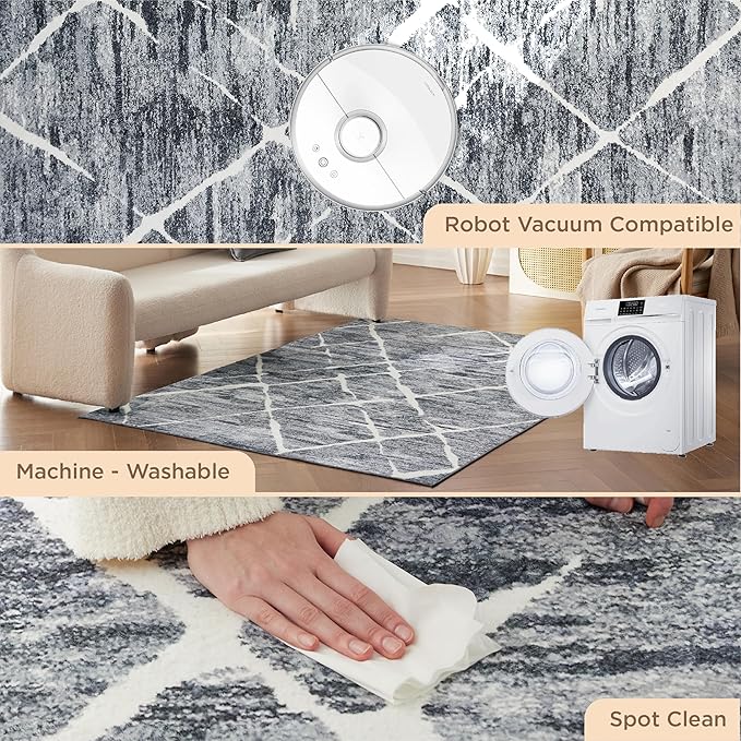 Bedsure 3x5 Area Rugs for Living Room, Machine Washable Modern Style Rug, Non-Slip Backing, Non-Shedding, Low Pile Easy Care Throw Carpet for Bedroom Dining Room, Charcoal Gray