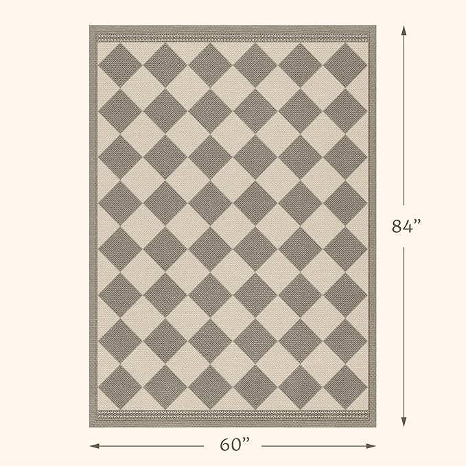 Beige Gray Checkered 5x7 Easy Jute Indoor Outdoor Area Rug for Living Room Backyard Porch, Washable Non Slip Dining Room & Bedroom Carpet, Diamond Pattern Modern Farmhouse Outdoor Patio Rug