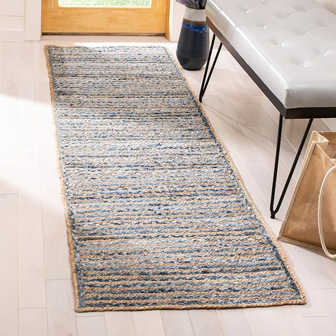 SAFAVIEH Cape Cod Collection Area Rug - 9' x 12' Oval, Natural & Blue, Handmade Flat Weave Jute, Ideal for High Traffic Areas in Living Room, Bedroom (CAP250A)