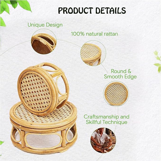 Set of 2 Large Rattan Wicker Round Risers Decorative Indoor Plant Stand, Mid Century Minimalist Modern Plant Stands, Boho Short Plant Stand Holder Suitable Fits 8'' and 12'' Pots