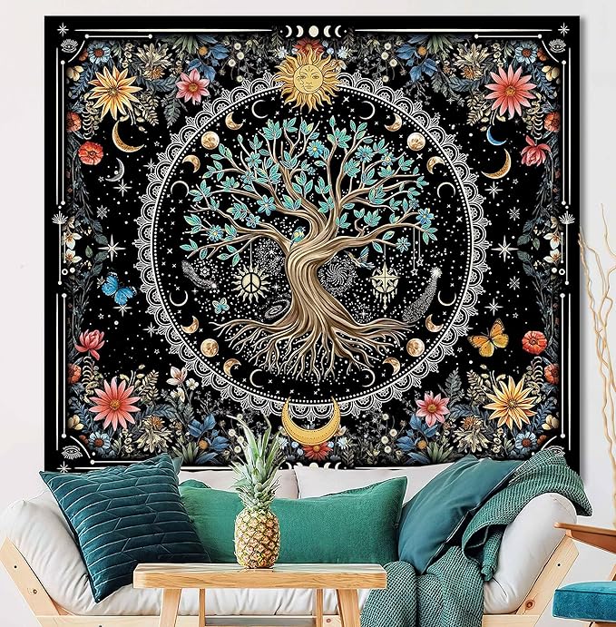 OIOVOIO Tree of Life Tapastry Sun and Moon Tapastry Bohemian Hippie Wishing Tree Tapestries Nature Flower Plant Butterfly Tapestries for Home Decor Bedroom Living Room Dorm Decor (59"x51", Black)