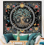 OIOVOIO Tree of Life Tapastry Sun and Moon Tapastry Bohemian Hippie Wishing Tree Tapestries Nature Flower Plant Butterfly Tapestries for Home Decor Bedroom Living Room Dorm Decor (59"x51", Black)