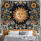 Fungarth Sun and Moon Tapestry Hippie Mushroom Boho Floral Wall Tapestry for Bedroom Aesthetic Vintage Sunflower Celestial Small Tapestries Wall Hanging for Living Room Dorm 60 x 44 Inch