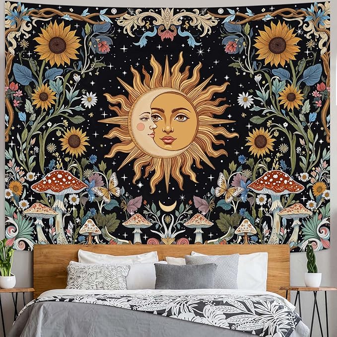 Fungarth Sun and Moon Tapestry Hippie Mushroom Boho Floral Wall Tapestry for Bedroom Aesthetic Vintage Sunflower Celestial Small Tapestries Wall Hanging for Living Room Dorm 48 x 36 Inch