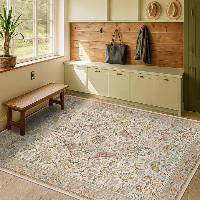 Washable Area Rugs 5x8 for Bedroom - Western Nature Rugs for Living Room, Dining Room,Playroom, Guest Room with Boho Beige Neutral Botanical & Bird Pattern, Non Slip Stain Resistant Low Pile
