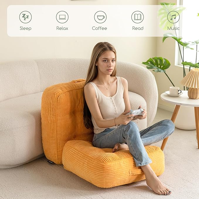 HIGOGOGO 8" Extra Thick Floor Pillow Cushion for Adults, Meditation Cushion Pillow, Large Square Floor Sitting, Tufted Corduroy Cover, for Tatami Living Room or Yoga, 22x22 Inch, Orange