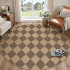Checkered Round Rugs 6ft, Outdoor Patio Easy Jute Rug Indoor Outdoor Circle Carpet, Farmhouse Nature Non Shedding Non Slip Washable Brown Carpet for Living Room Entry Deck