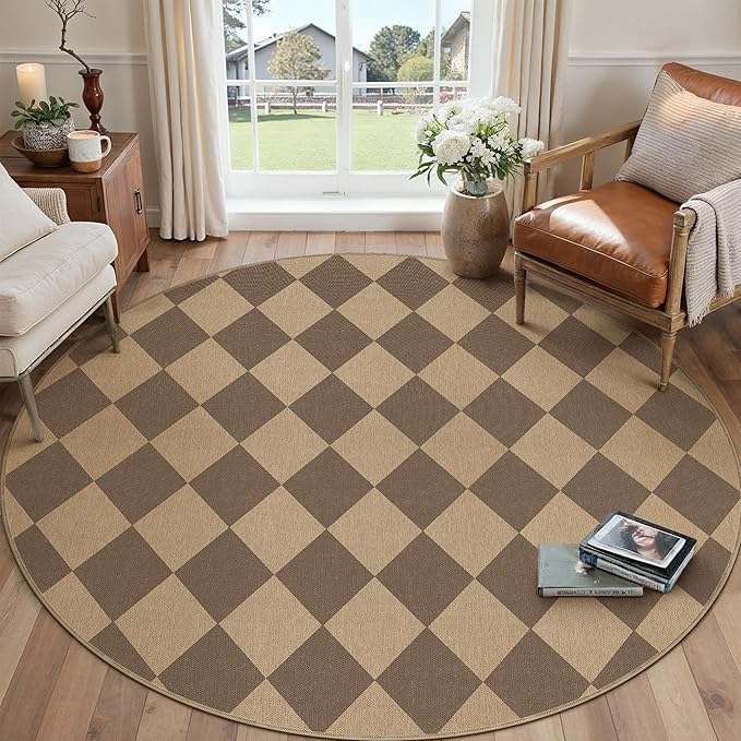 Checkered Round Rugs 6ft, Outdoor Patio Easy Jute Rug Indoor Outdoor Circle Carpet, Farmhouse Nature Non Shedding Non Slip Washable Brown Carpet for Living Room Entry Deck