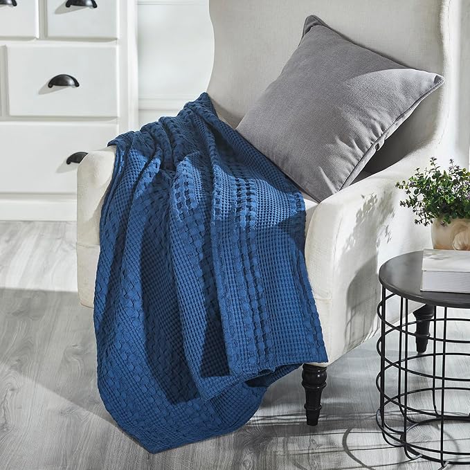VHC Brands 100% Cotton Waffle Weave Navy Blue Throw 50x60, Decorative Cotton Throw Blanket, Boho Farmhouse Bedroom, Living Room Decor for Bed, Couch, or Sofa