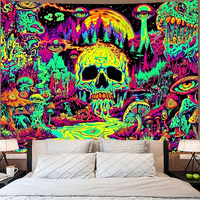 Zussun Blacklight Hippie Skull Mushroom Tapestry for Bedroom Aesthetic Hippy Forest Skeleton Monster Tapestries Wall Hanging Glow in The Dark Wall Tapestry for Living Room Dorm 48 × 36 Inch
