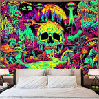 Zussun Blacklight Hippie Skull Mushroom Tapestry for Bedroom Aesthetic Hippy Forest Skeleton Monster Tapestries Wall Hanging Glow in The Dark Wall Tapestry for Living Room Dorm 60 × 44 Inch
